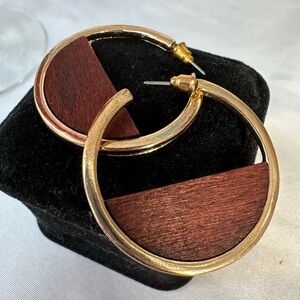 MCM goldtone and wood open hoop earrings